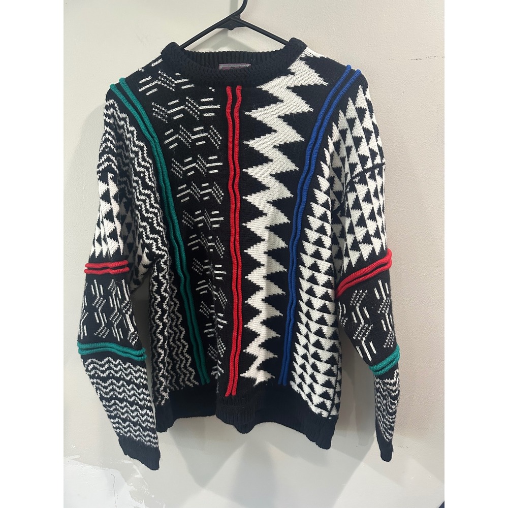 Concrete Mix Vintage Geometric Knit Sweater Black White Red Blue XL 20